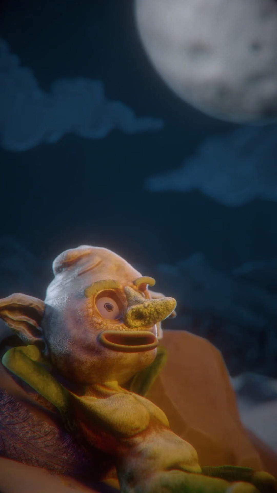 Goblin mirando la luna llena en una noche nublada