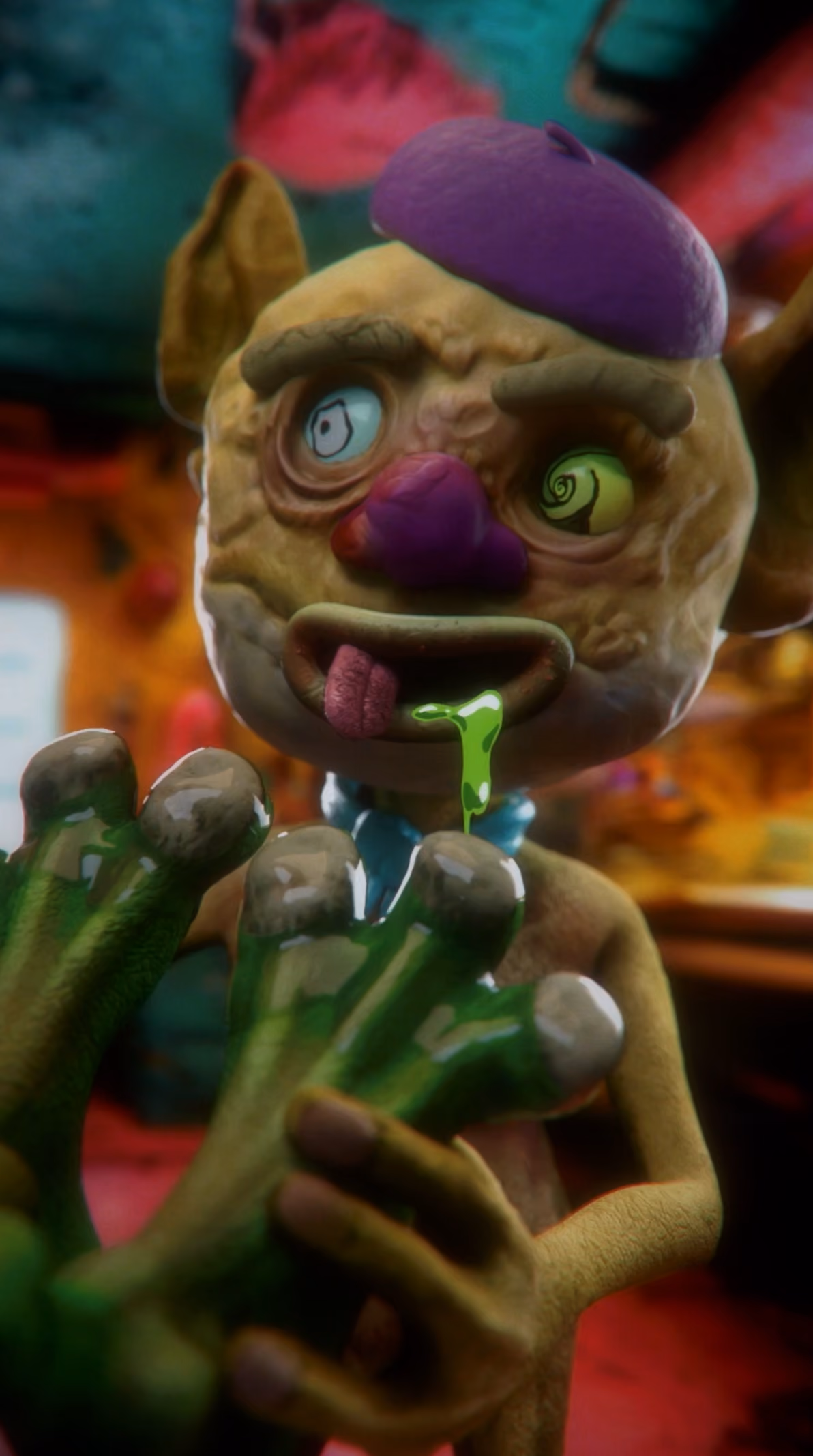 Goblin con gorro morado frente a un local de manicura